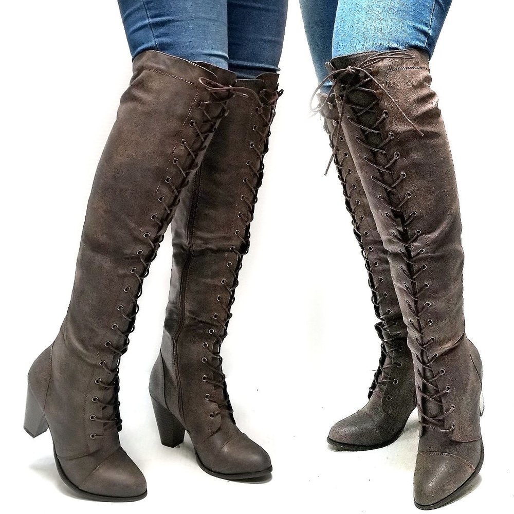 New Brown Over Knee Combat Lace Up Heel Boots